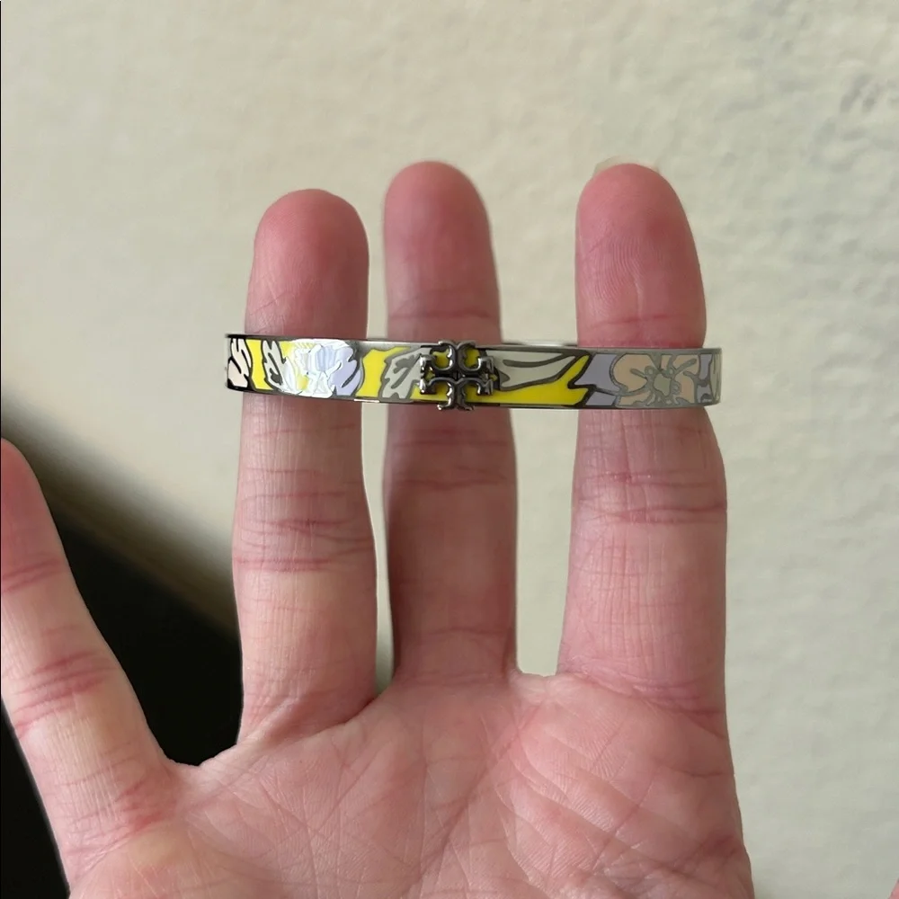 Tory Burch Silver with Yellow Floral Kira Enamel 7mm Bracelet NWT Style 149741